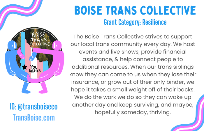 Image reads: The Boise Trans Collective strives to support our local trans community every day. We host events and live shows, provide financial assistance, & help connect people to additional resources. When our trans siblings know they can come to us when they lose their insurance, or grow out of their only binder, we hope it takes a small weight off of their backs. We do the work we do so they can wake up another day and keep surviving, and maybe, hopefully someday, thriving. Grant Category: Resilience Instragram: TransBoiseCo Web: TransBoise.com Logo: State of Idaho filled in with Blue, White and Pink, over a backdrop of pine trees. Two drawings of stick figures wrapping their arms around the state shape, one in blue, and one in pink.